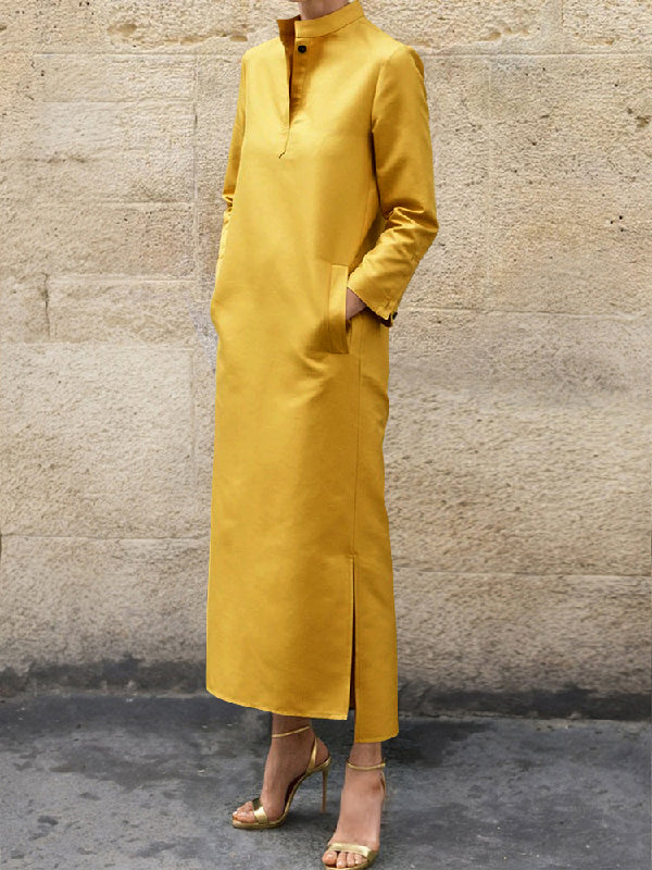 Olivia Bennet | Long Sleeves Loose Solid Color Split-Side Stand Collar Midi Dresses