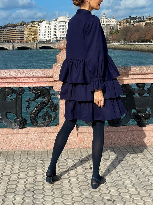 Olivia Bennet | Flared Sleeves Long Sleeves Buttoned Elasticity Layered Solid Color V-Neck Mini Dresses