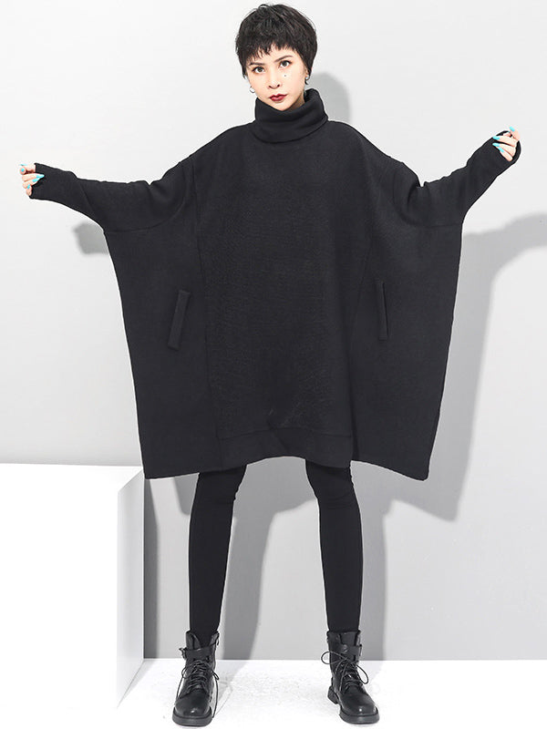 Olivia Bennet | Super Loose Black High-Neck Knitting Batwing Sleeves Sweater Dress