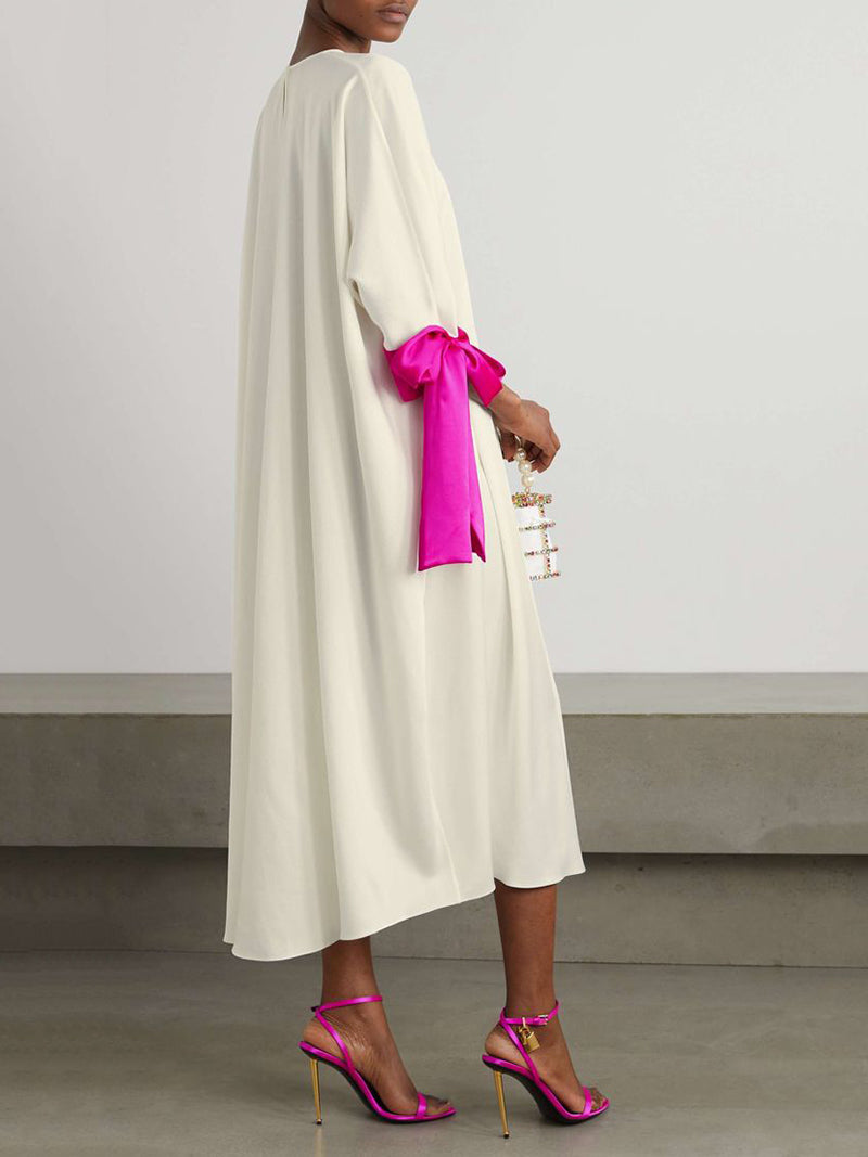 Olivia Bennet | Loose Seven-Quarter Sleeves Contrast Color Round-Neck Midi Dresses
