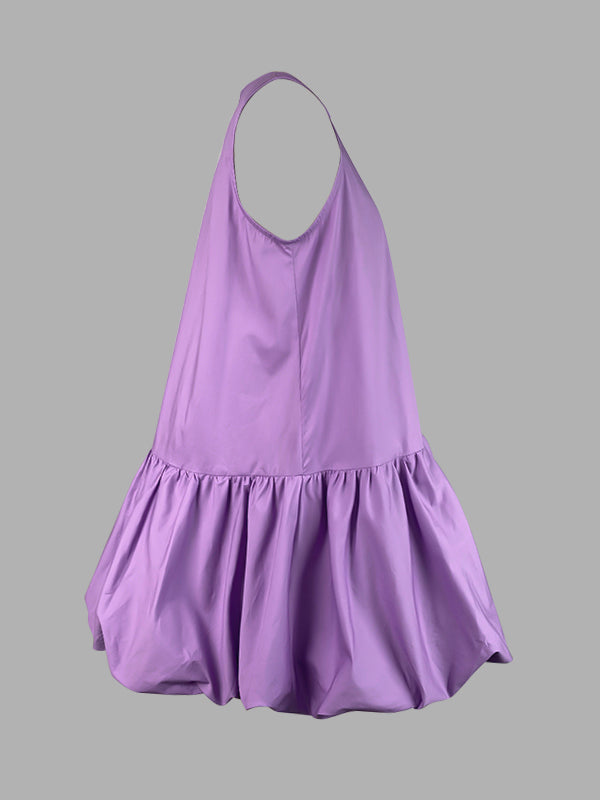 Olivia Bennet | High Waisted Loose Pleated Solid Color Round-Neck Mini Dresses
