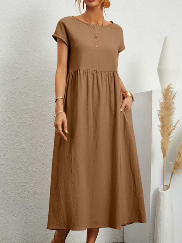 Olivia Bennet | Loose Short Sleeves Pleated Solid Color Round-Neck Midi Dresses
