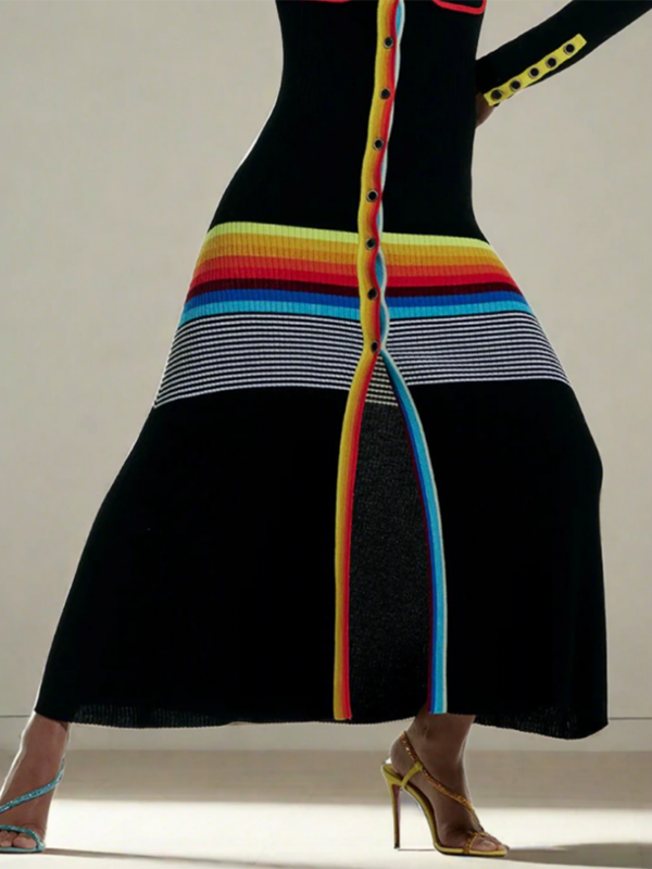 Olivia Bennet | Long Sleeves Skinny Buttoned Contrast Color Striped Lapel Maxi Dresses Shirt Dress