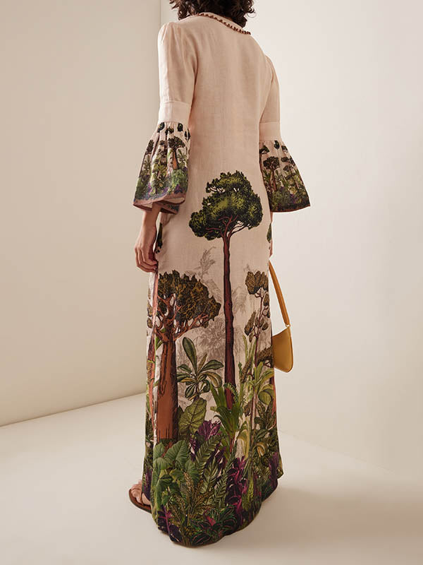 Olivia Bennet | Flared Sleeves Loose Leaves Print V-Neck Maxi Dresses