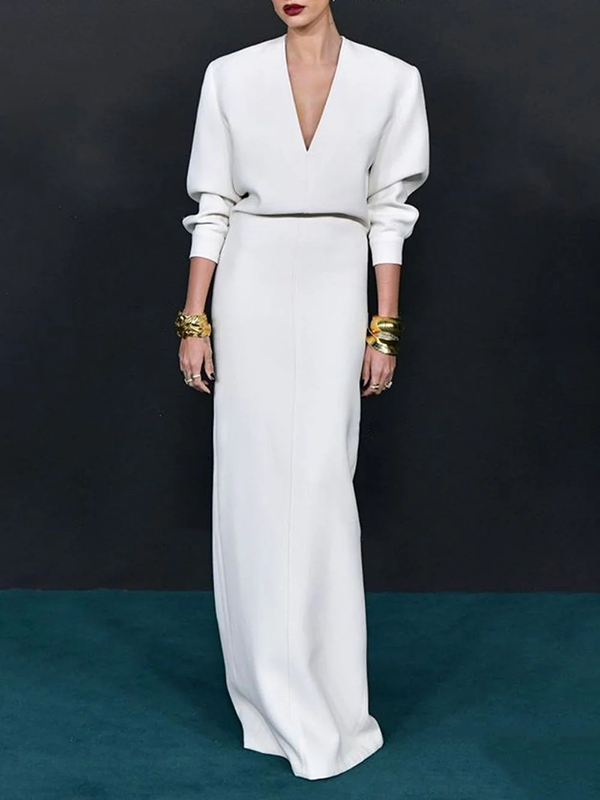 Olivia Bennet | Long Sleeves Loose Solid Color Deep V-Neck Maxi Dresses
