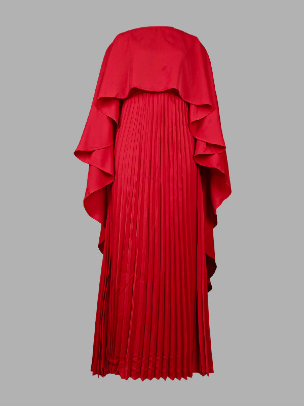 Olivia Bennet | Cape High-Low Pleated Solid Color Split-Joint Round-Neck Evening Dresses Maxi Dresses