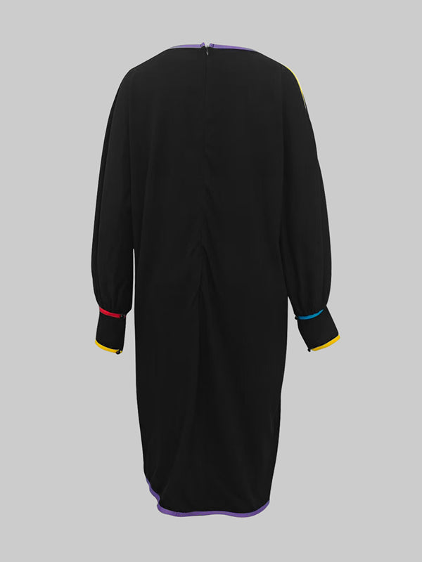 Olivia Bennet | Long Sleeves Puff Sleeves Contrast Color Pockets Round-Neck Midi Dresses