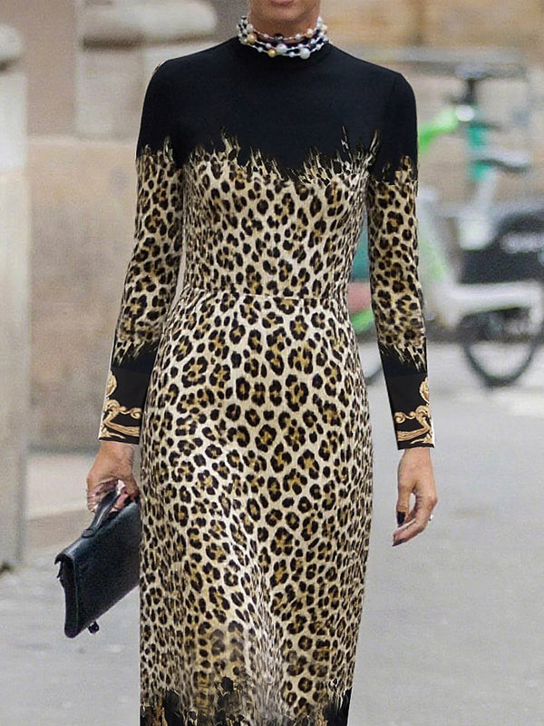 Olivia Bennet | High Waisted Long Sleeves Contrast Color Leopard Printed Split-Joint Round-Neck Maxi Dresses
