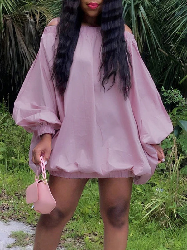Olivia Bennet | Long Sleeves Loose Elasticity Solid Color Off-The-Shoulder Mini Dresses