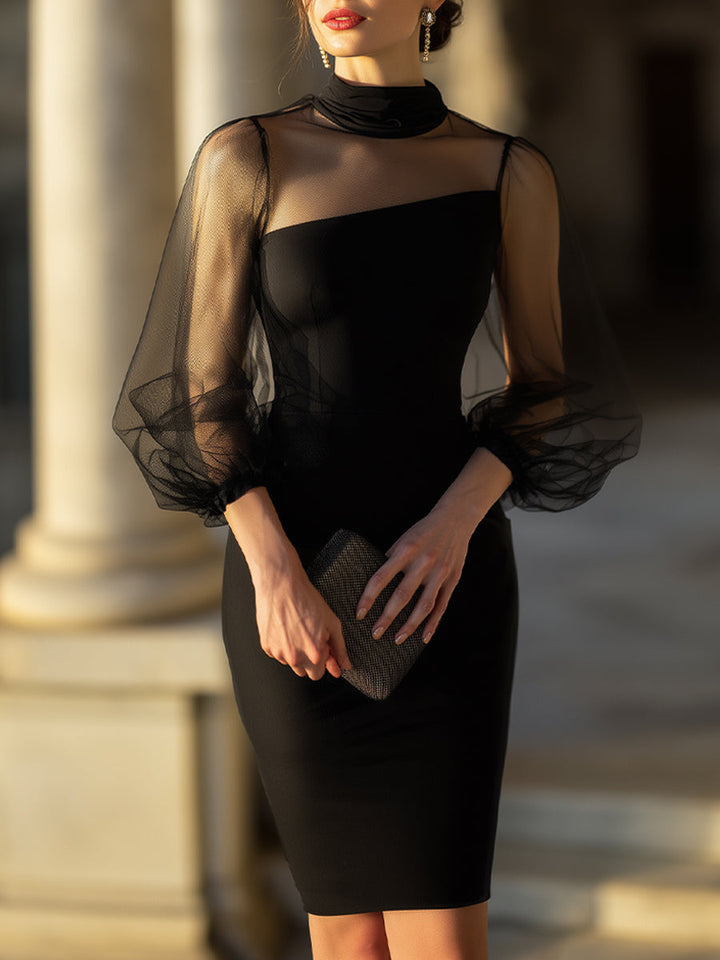 Olivia Bennet | Black Sheer-Sleeve High-Neck Satin Cocktail Dress