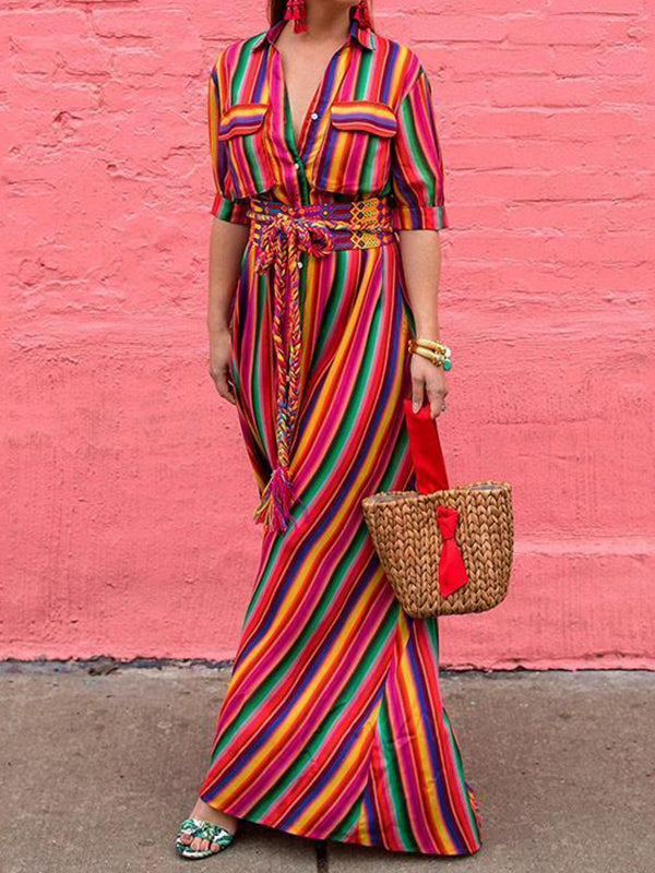 Olivia Bennet | Long Sleeves Loose Split-Joint Striped Lapel Maxi Dresses Shirt Dress
