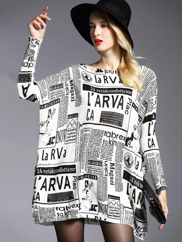 Olivia Bennet | Vintage Loose One-Shoulder Newspaper Printed Split-Joint Sweater