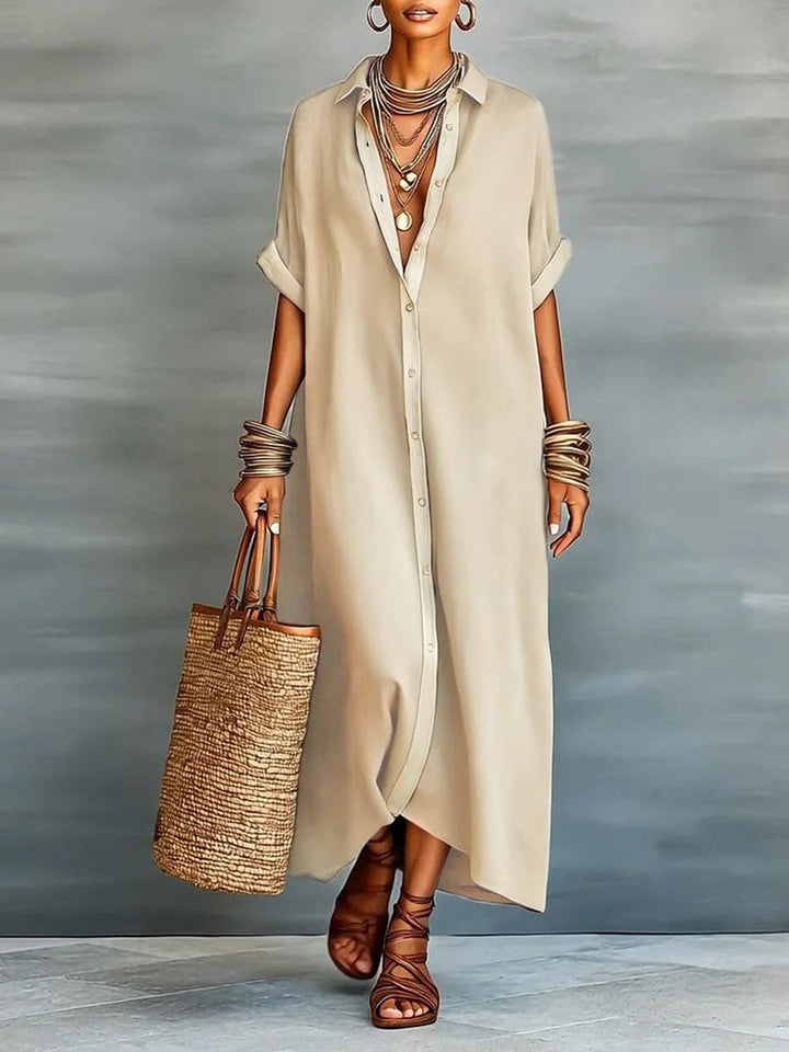Olivia Bennet | Loose Short Sleeves Buttoned Pockets Split-Joint Lapel Maxi Dresses