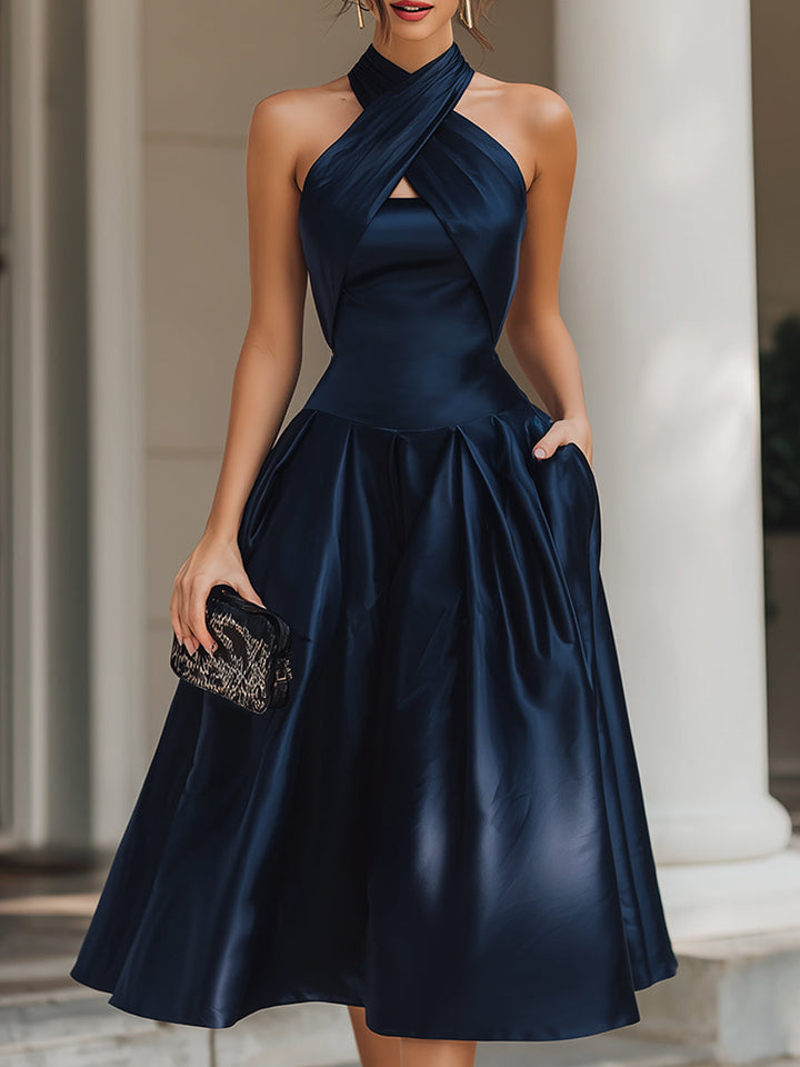 Olivia Bennet | Cross-Halter Pleated Chiffon Midi Dress