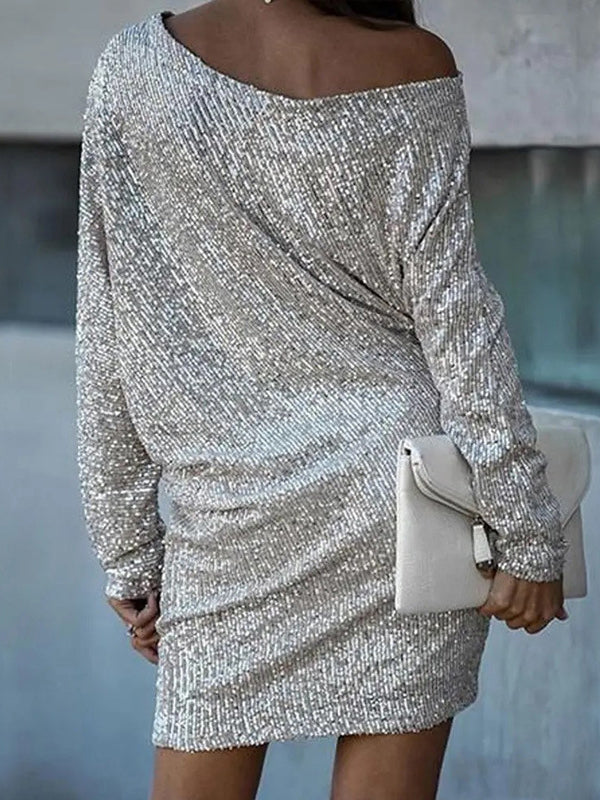 Olivia Bennet | A-Line Loose Asymmetric Sequined Solid Color One-Shoulder Mini Dresses