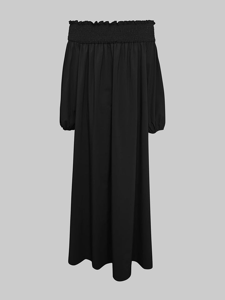 Olivia Bennet | Loose Puff Sleeves Elasticity Pleated Solid Color Off-The-Shoulder Maxi Dresses