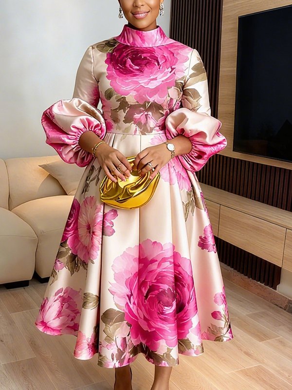 Olivia Bennet | A-Line Long Sleeves Elasticity Flower Print Pleated Mock Neck Maxi Dresses