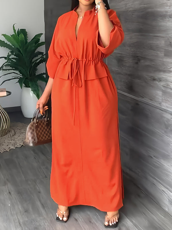 Olivia Bennet | Loose Drawstring Solid Color Split-Side V-Neck Maxi Dresses