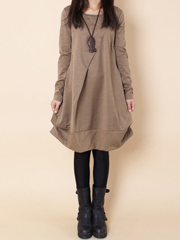 Olivia Bennet | A-line Long Sleeves Pleated Solid Color Round-neck Dresses Maxi Dresses