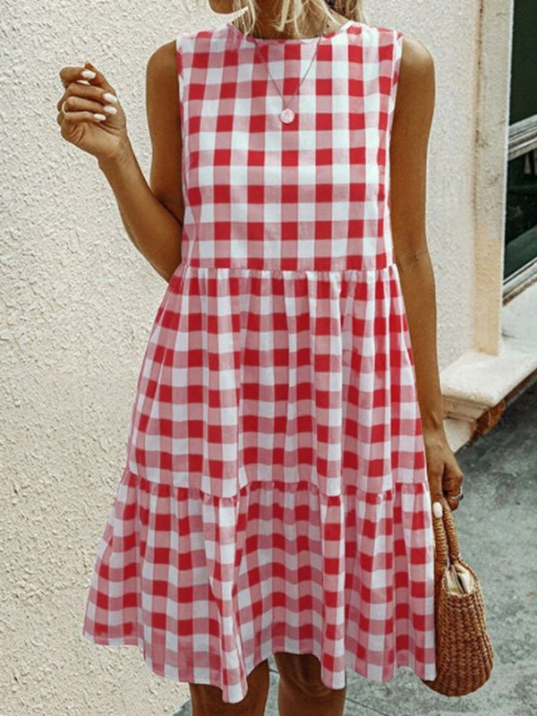 Olivia Bennet | Loose Sleeveless Hollow Plaid Pleated Split-Joint Round-Neck Mini Dresses