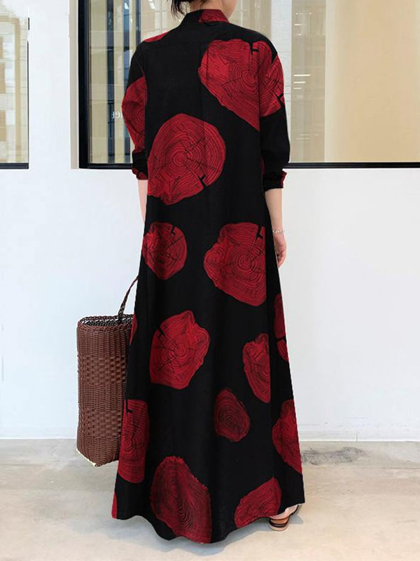Olivia Bennet | Long Sleeves Loose Printed Split-Joint Lapel Maxi Dresses Shirt Dress