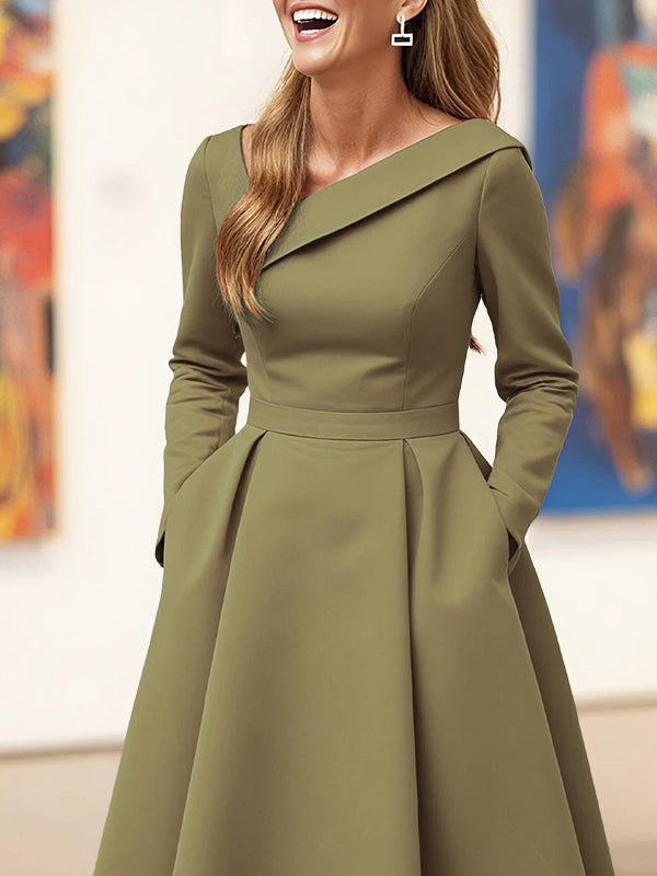 Olivia Bennet | A-Line High Waisted Pleated Pockets Solid Color V-Neck Maxi Dresses