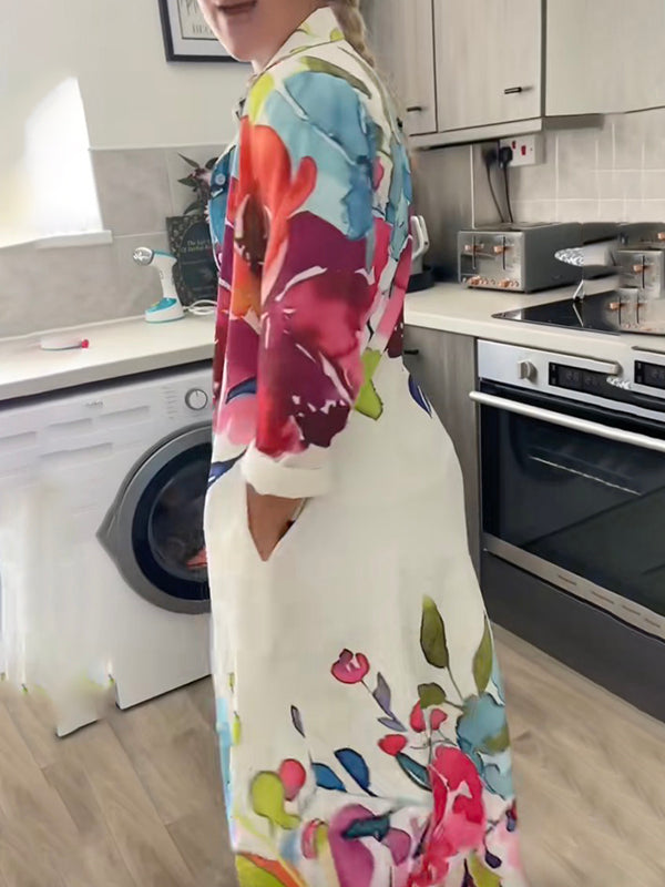 Olivia Bennet | Long Sleeves Loose Buttoned Flower Print Lapel Maxi Dresses Shirt Dress