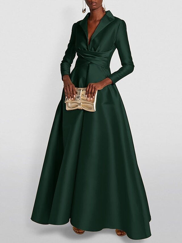 Olivia Bennet | A-Line High Waisted Pleated Solid Color V-Neck Maxi Dresses