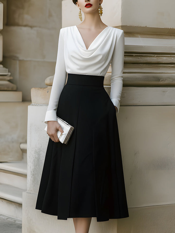 Olivia Bennet | Black Draped-Neck Contrast-Panel Midi Dress