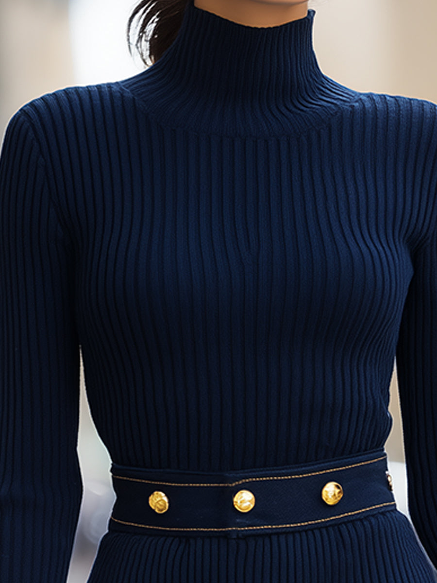 Olivia Bennet | Navy Ribbed Knit Dress With Gold-Tone Button Denim Pocket Details