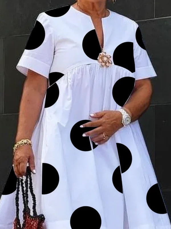 Olivia Bennet | A-Line Short Sleeves Pleated Polka-Dot Printed Split-Joint Round-Neck Midi Dresses