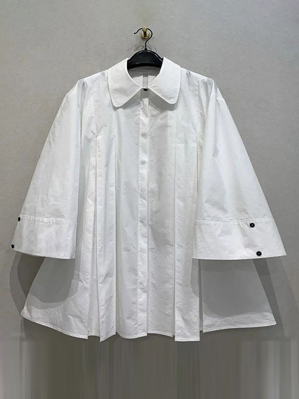 Olivia Bennet | Long Sleeves Buttoned Pleated Solid Color Lapel Midi Dresses Shirt Dress