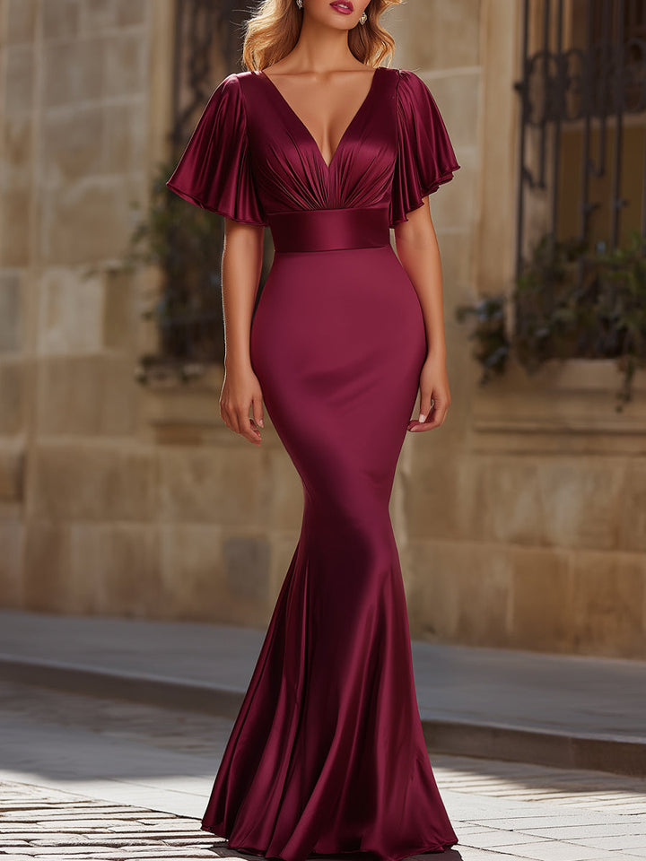 Olivia Bennet | Black Flutter Sleeve Mermaid Silhouette Satin Dress