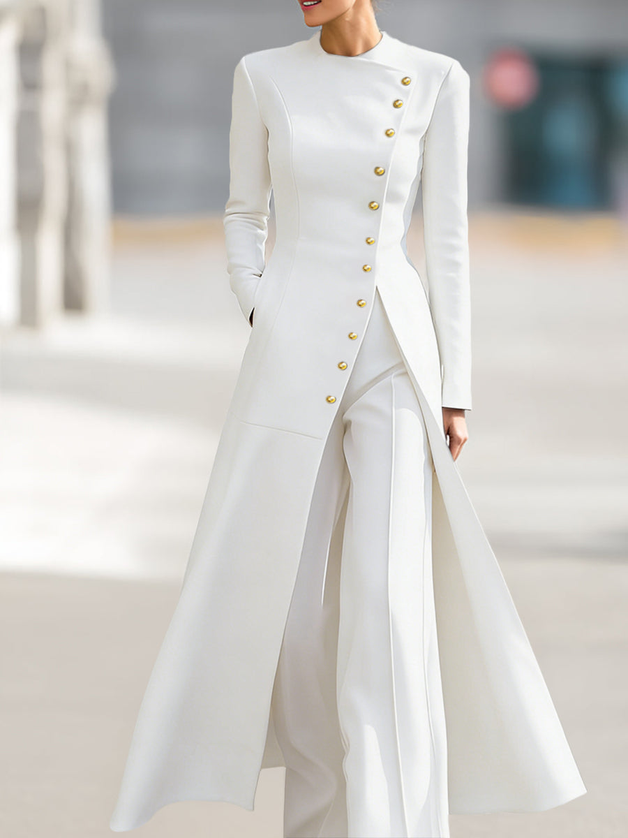 Olivia Bennet | High Waisted Long Sleeves Buttoned Solid Color Split-Front Round-Neck Midi Dresses