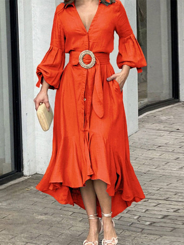 Olivia Bennet | High-Low Puff Sleeves Pleated Solid Color Lapel Collar Maxi Dresses
