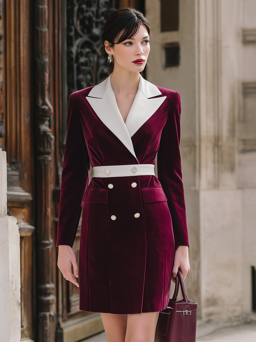 Olivia Bennet | Burgundy Contrast-Lapel Double-Breasted Velvet Blazer Dress