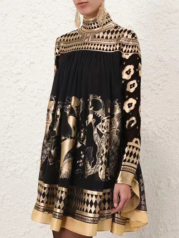 Olivia Bennet | A-Line Long Sleeves Bronzing Printed Split-Joint Mock Neck Mini Dresses