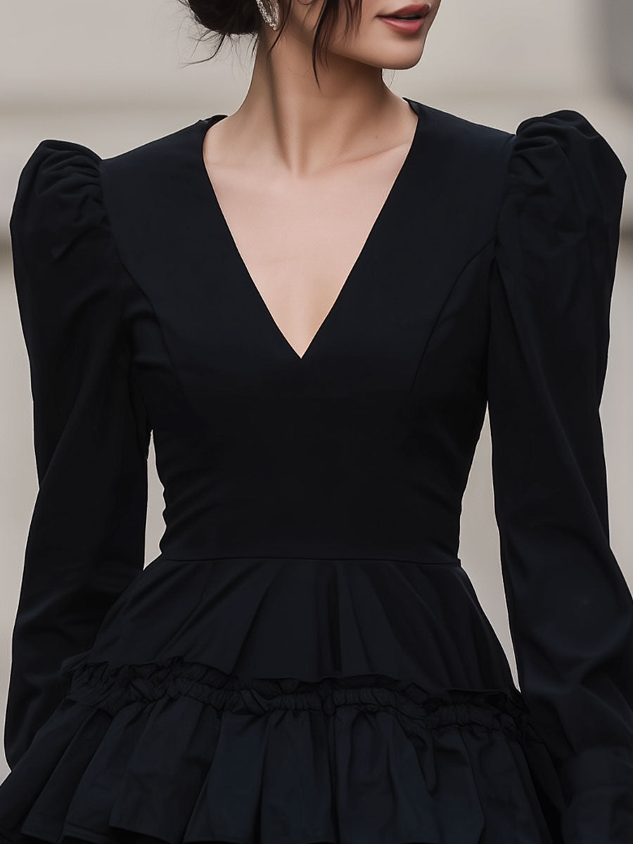 Olivia Bennet | Black Puff-Sleeve Tiered Mini Dress