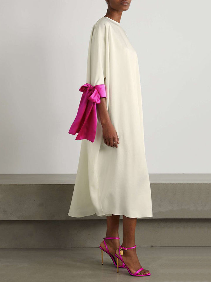 Olivia Bennet | Loose Seven-Quarter Sleeves Contrast Color Round-Neck Midi Dresses