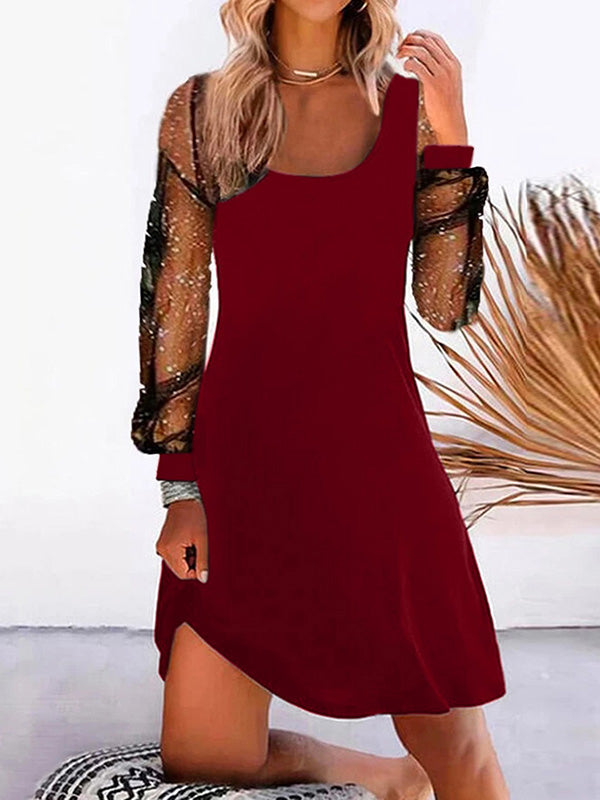 Olivia Bennet | A-Line Long Sleeves Mesh Split-Joint U-Neck Mini Dresses