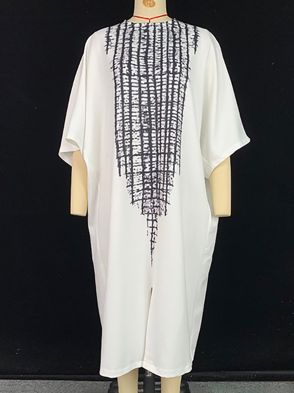 Olivia Bennet | Loose Three-Quarter Sleeves Printed Split-Front Round-Neck Midi Dresses