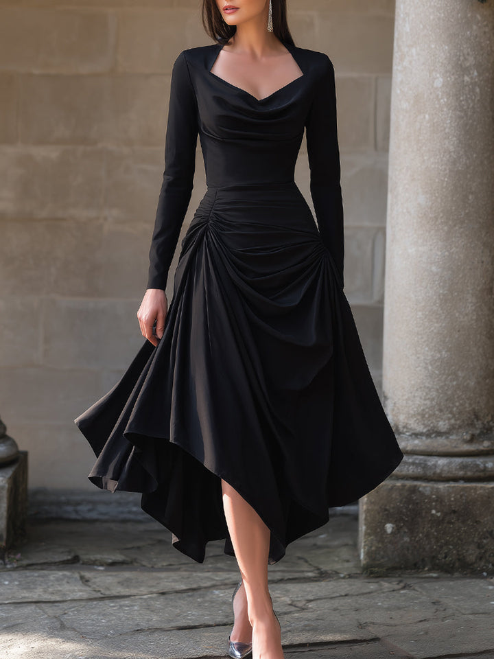 Olivia Bennet | Black Asymmetric Sculpted-Waist Midi Dress