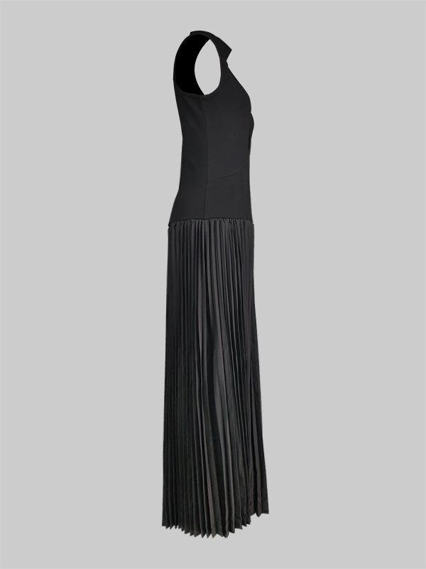 Olivia Bennet | Bodycon Sleeveless Hollow Pleated Solid Color Split-Joint Mock Neck Maxi Dresses