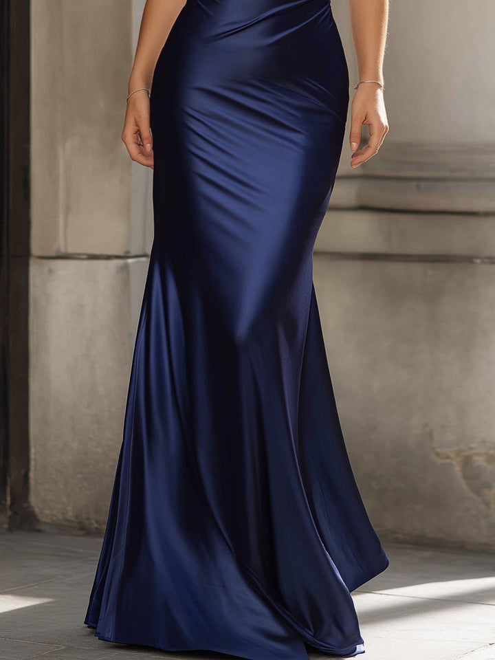 Olivia Bennet | Black Halter Ruched Satin Maxi Dress