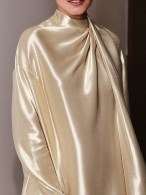 Olivia Bennet | Long Sleeves Loose Shiny Solid Color High Neck Mini Dresses