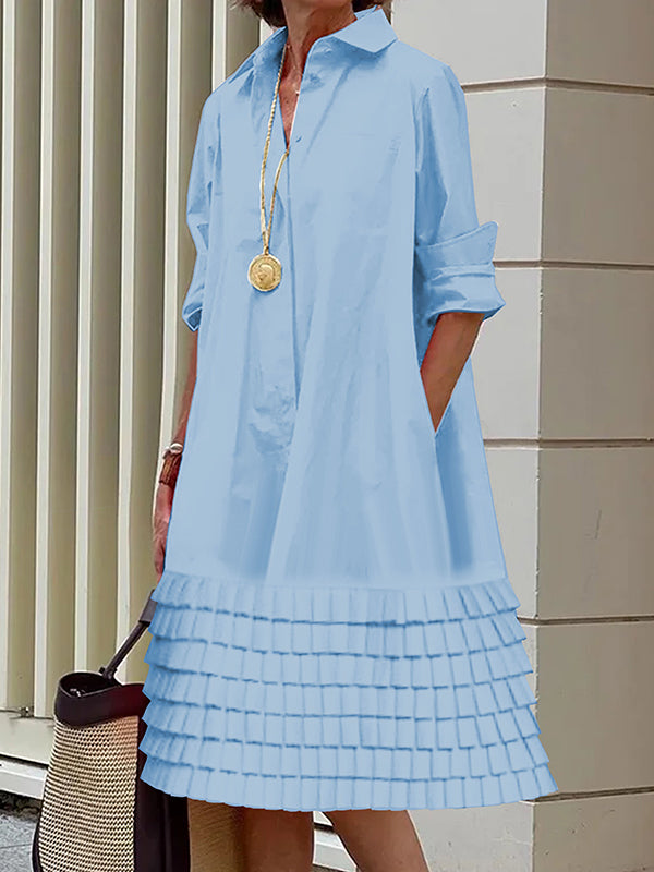 Olivia Bennet | A-Line Long Sleeves Layered Pleated Pockets Solid Color Split-Joint Lapel Midi Dresses Shirt Dress