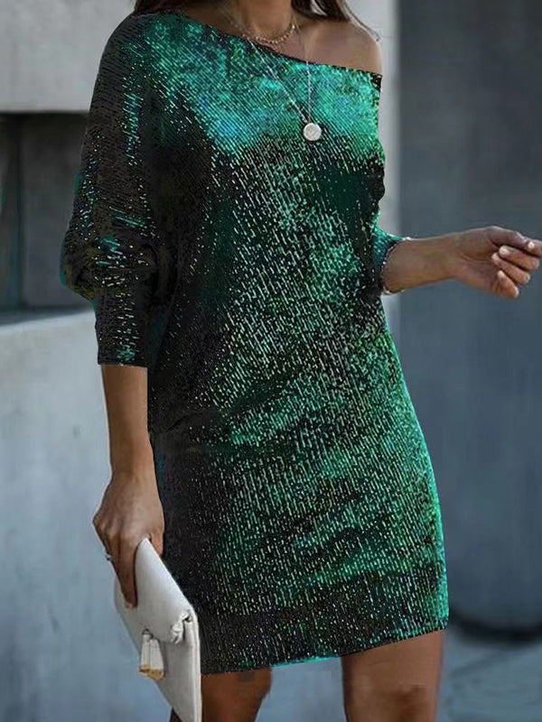 Olivia Bennet | A-Line Loose Asymmetric Sequined Solid Color One-Shoulder Mini Dresses