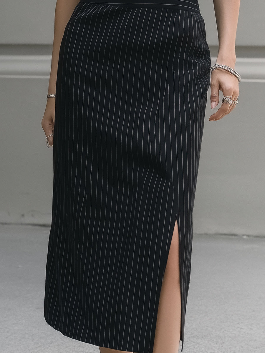 Olivia Bennet | Pinstripe Tailored Lapel Midi Dress