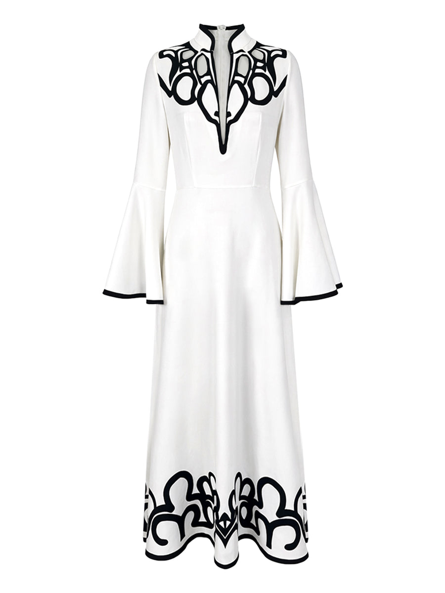 Olivia Bennet | A-Line Flared Sleeves Abstract Printed Contrast Color Hollow Line Split-Joint Stand Collar Maxi Dresses