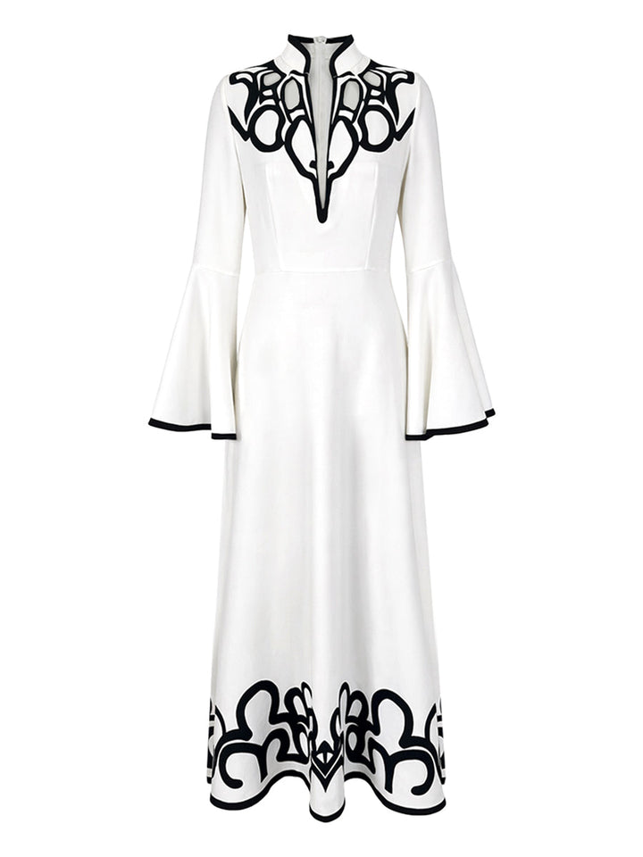 Olivia Bennet | A-Line Flared Sleeves Abstract Printed Contrast Color Hollow Line Split-Joint Stand Collar Maxi Dresses